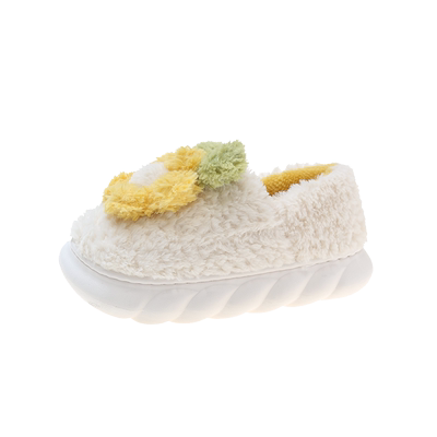 可爱花朵厚底防滑毛绒包跟棉拖鞋