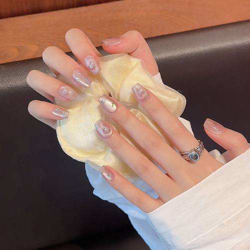 纯手工穿戴甲粉色爱心猫眼