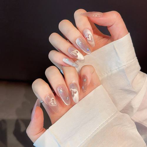 纯手工穿戴甲爆闪粉色爱心猫眼