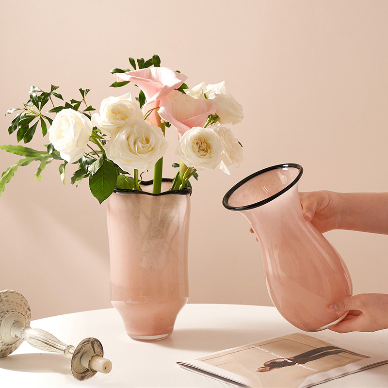 中古粉色黑边手工琉璃花瓶摆件高级感客厅创意褶皱家居装饰品花器,家居饰品,花瓶,淘宝优惠券,粉丝福利购,淘宝优惠卷