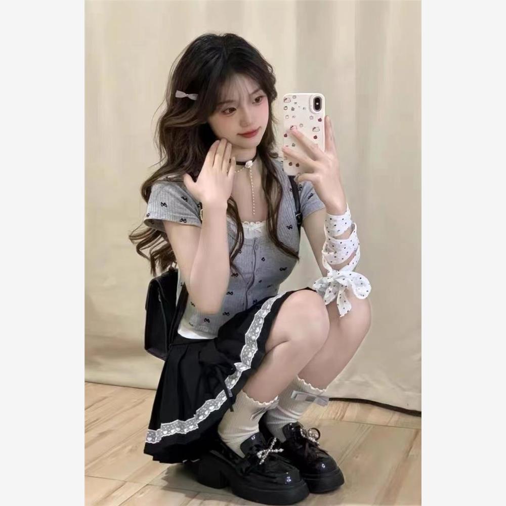 时尚减龄套装女夏季蝴蝶结印花短袖开衫上衣花边吊带背心两件套潮