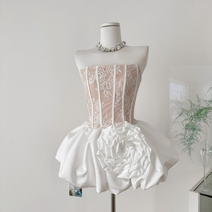 Swee重工鱼骨蕾丝抹胸蓬蓬缎面礼服裙纯欲裹胸立体花朵泡泡连衣裙