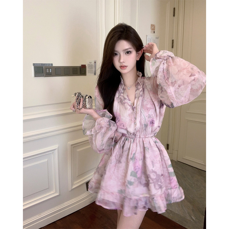 Sweet草莓女孩杏花春雨 粉色的梦 碎花绑带连衣裙 送打底裤