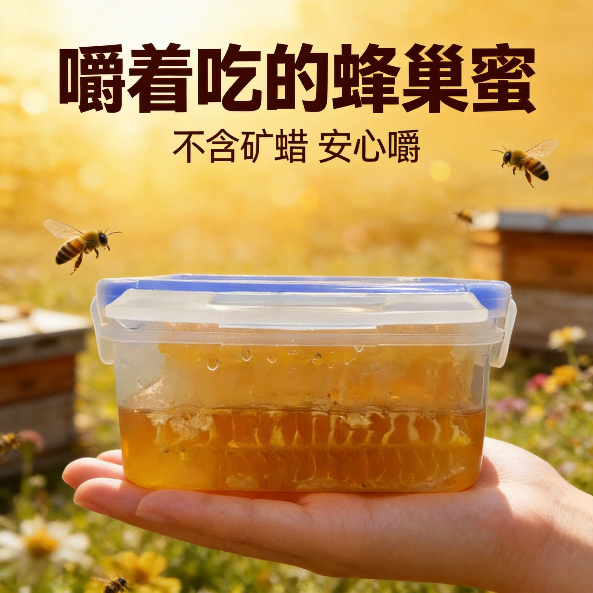 蜂巢蜜嚼着吃新疆封盖纯正天然农家自产百花蜂窝蜜不含矿蜡500g