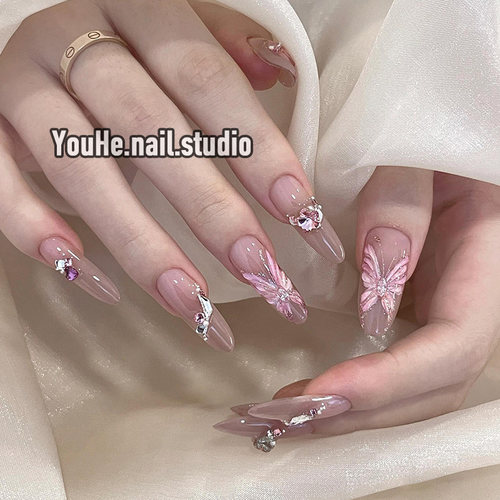 婚纱照穿戴甲长款高级感手工蝴蝶穿戴美甲2025新年款绝美指甲贴片