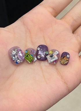 紫色穿戴甲短款重工精致闪钻指甲贴片2025新款高级感手工穿戴美甲