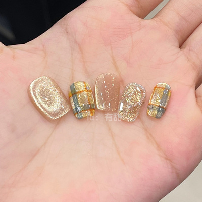 超火格纹猫眼纯手工制作美甲