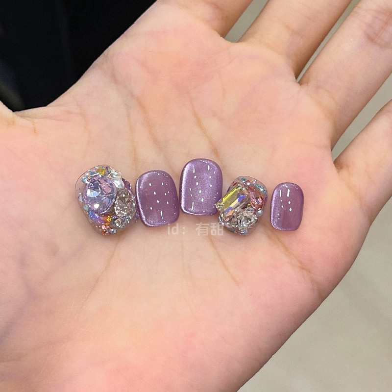 紫色猫眼穿戴甲短款夏日纯手工穿戴式美甲2025新款高级感指甲贴片