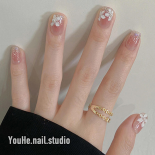 干花穿戴甲短款春夏高级感显白裸色美甲成品穿戴式手工定制短戴甲