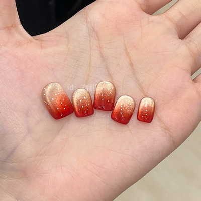 红色猫眼穿戴甲短款春日高级感显白穿戴式美甲手工定制豆豆款短甲