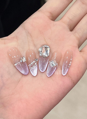紫色猫眼穿戴甲长款手工春夏绝美穿戴美甲2025新年款轻奢新娘婚甲