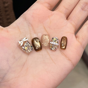 纯手工指甲贴片 穿戴美甲2025新款 猫眼穿戴甲秋冬款 高级感显白短款