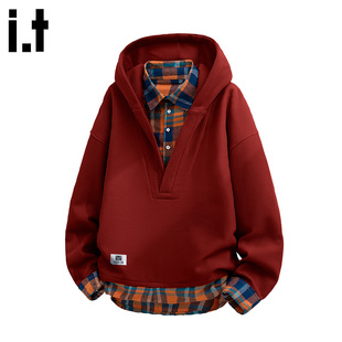 it FIVE CM重磅华夫格卫衣男女款潮牌秋冬情侣学生假两件连帽外套