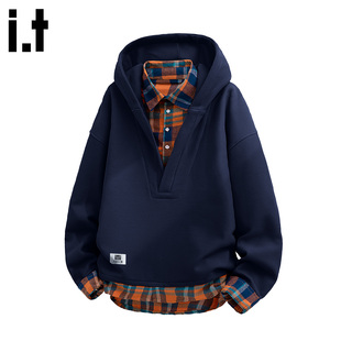 it FIVE CM假两件卫衣男秋冬季重磅华夫格连帽格子衬衫领情侣外套
