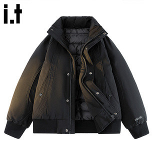it FIVE CM高级感羽绒服男款冬季加厚保暖短款黑色飞行员夹克外套