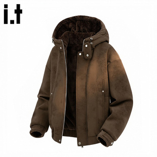it FIVE CM双面穿外套男冬季加绒保暖工装连帽夹克麂皮绒复古棉衣