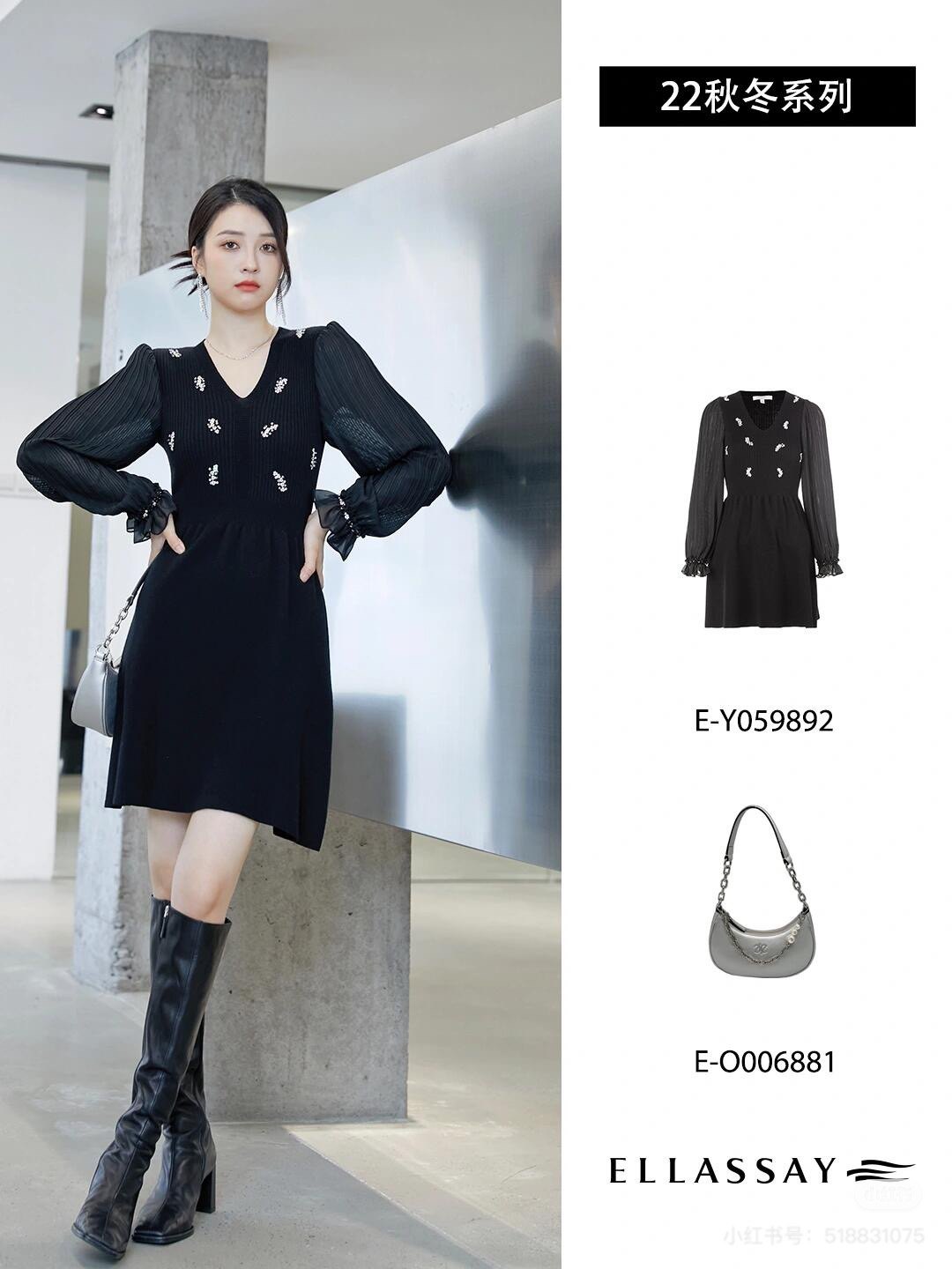 歌L思  22年全标大货 黑色羊毛连衣裙 EWE333M03400