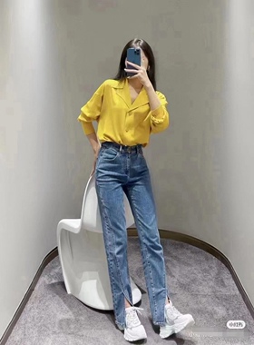 歌L思  22年全标大货   黄色桑蚕丝长袖衬衫 EWF333C00300