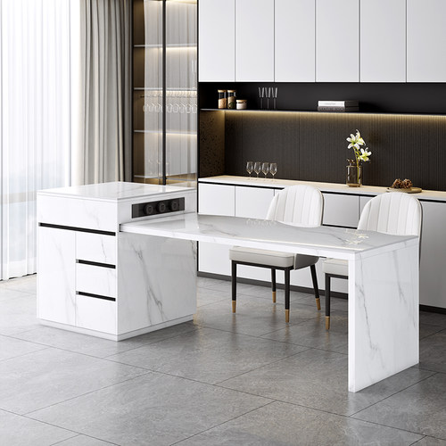 岩板岛台餐桌一体可伸缩开放式厨房轻奢倒台多功能导台白色中岛台