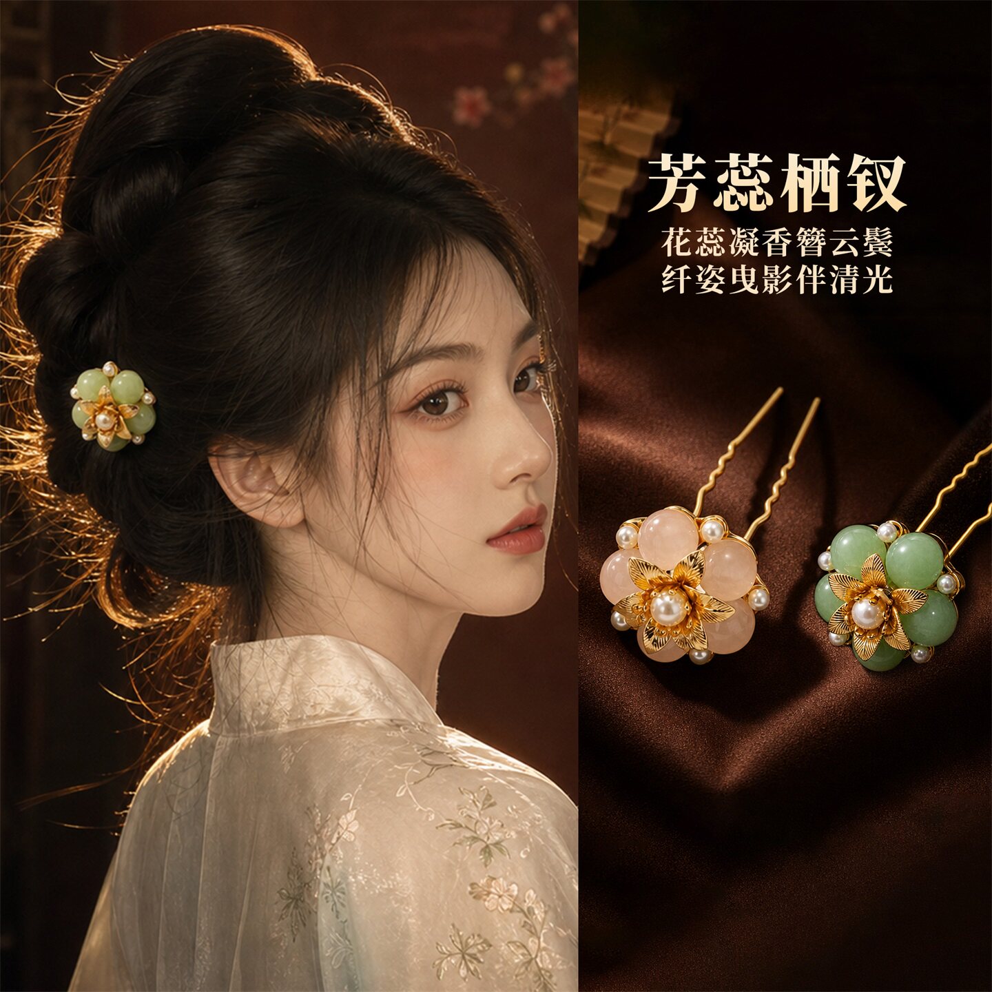 新中式花朵u型发簪汉服古风旗袍盘发高级感点缀小发钗发饰品礼物图片