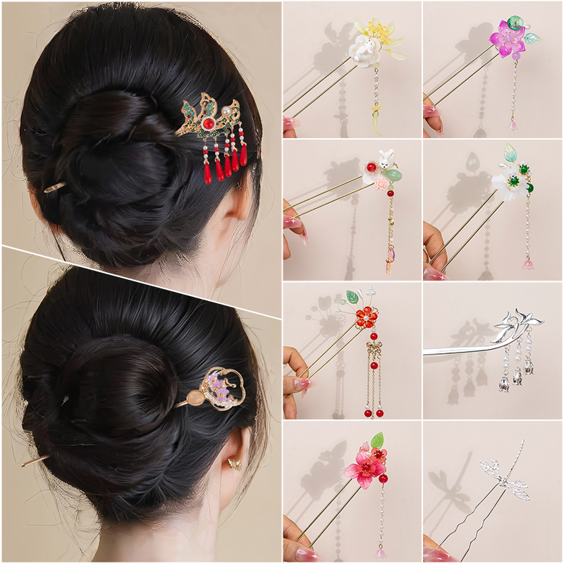 古风发簪烧蓝金属盘发简约汉服流苏古装旗袍头饰品簪子步摇礼物女