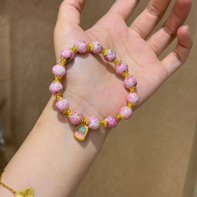 原创中式复古粉绿色琉璃陶瓷珠干青色石手链手串小众女玻璃手串图片