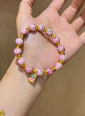 原创中式复古粉绿色琉璃陶瓷珠干青色石手链手串小众女玻璃手串