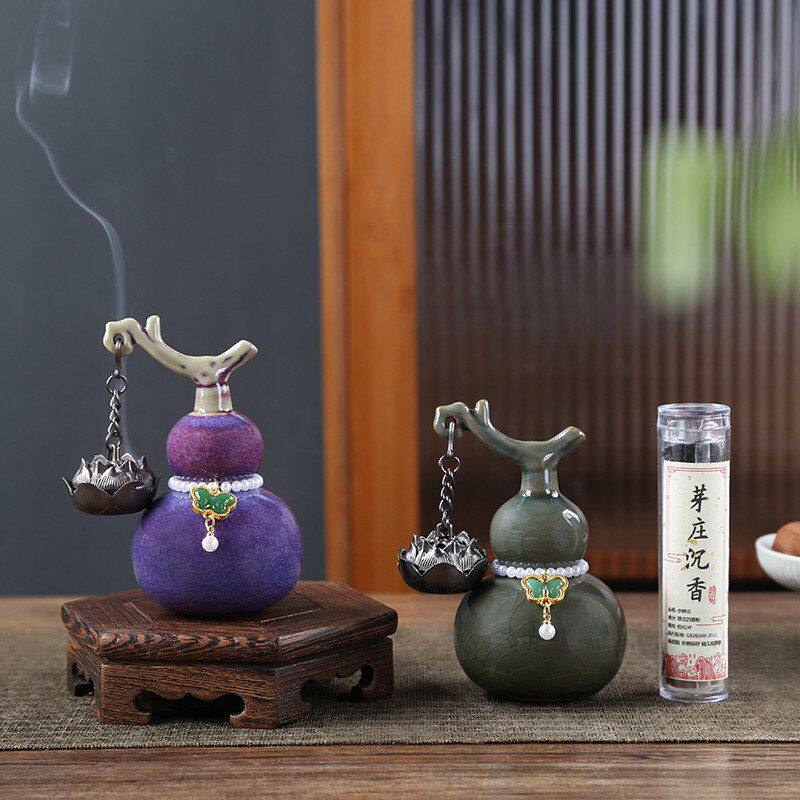 创意陶瓷葫芦香道茶宠摆件盘香炉家用茶桌装饰莲花吊炉福禄香薰炉