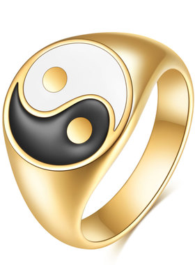 跨境欧美热卖13MM椭圆滴油太极八卦阴阳戒指18K金不锈钢戒指批发
