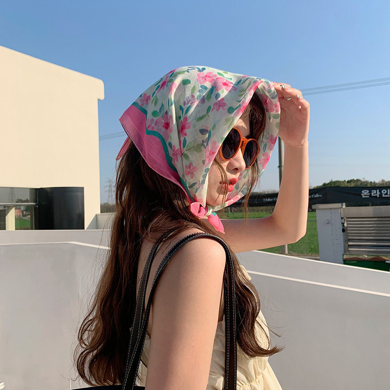 春夏甜美碎花棉麻小方巾防晒