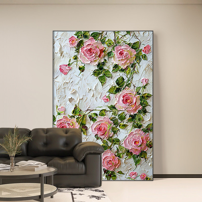 简约法式温馨浪漫粉色玫瑰花纯手绘油画客厅挂画玄关卧室装饰画