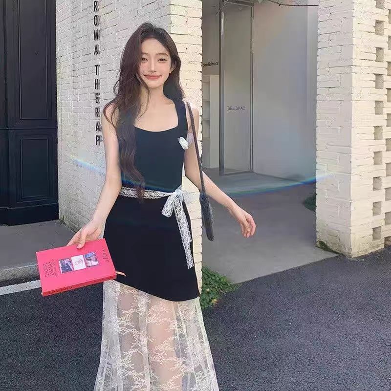夏季蕾丝网纱拼接连衣裙