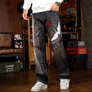 中国风重工刺绣花牛仔裤男款宽松直筒弹力潮牌长裤子2025秋冬新款
