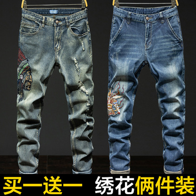 欧洲站高端刺绣花牛仔裤男