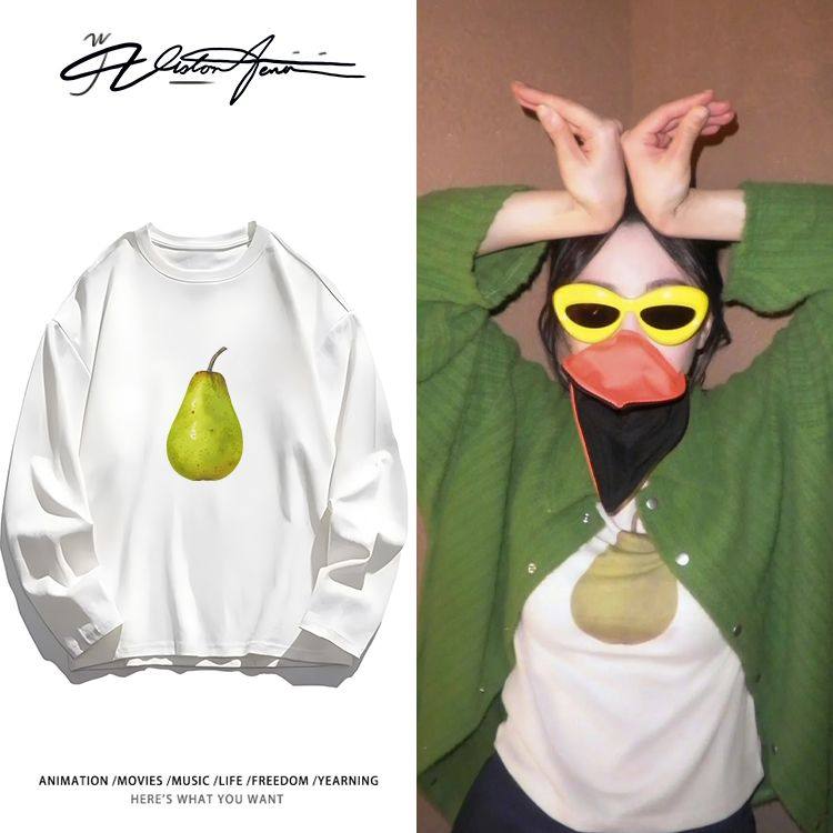 迪丽热巴wb晒照同款绿色水果印花纯棉长袖T恤打底衫宽松休闲潮流,男装,T恤,淘宝优惠券,粉丝福利购,淘宝优惠卷