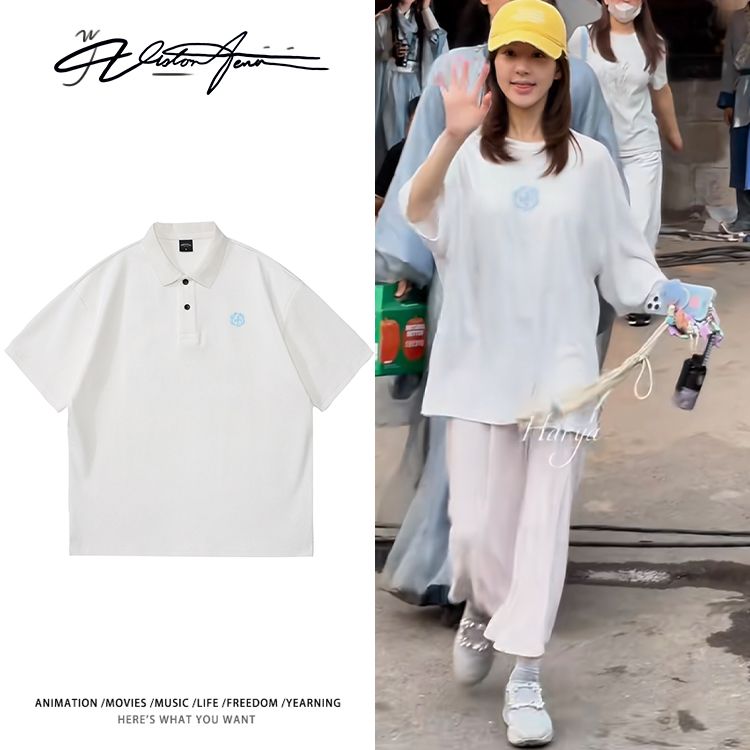 赵露思私服同款蓝色图案印花休闲POLO衫商务风短袖T恤夏季通勤翻