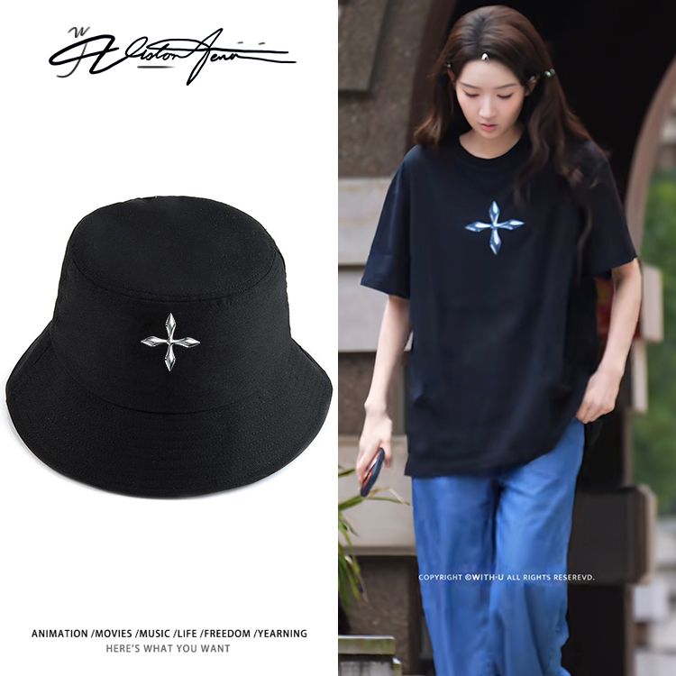 王玉雯同款路透私服个性十字架印花渔夫帽盆帽帆布帽子男女款春夏