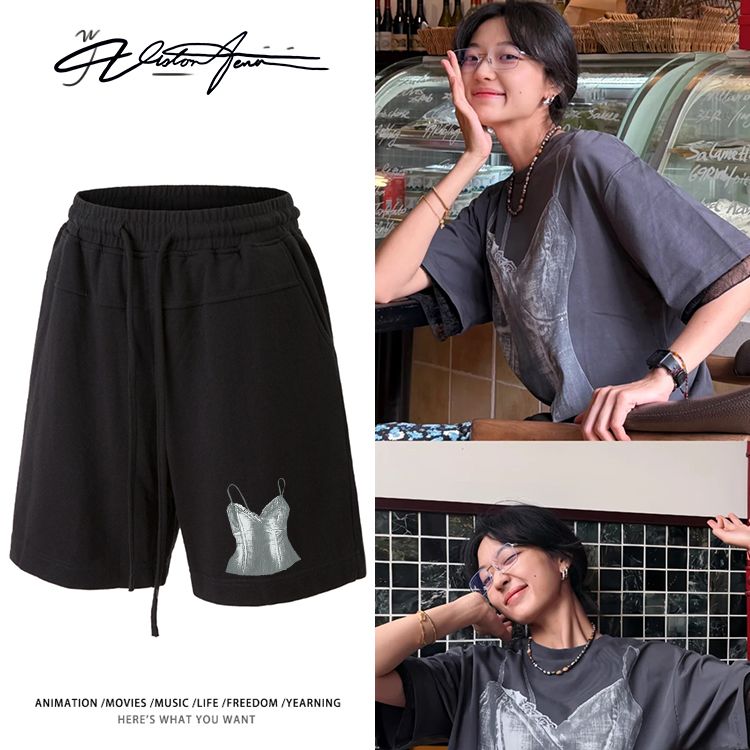 孙千同款个性私服重磅棉质宽松短裤夏季运动舒适男女同款潮