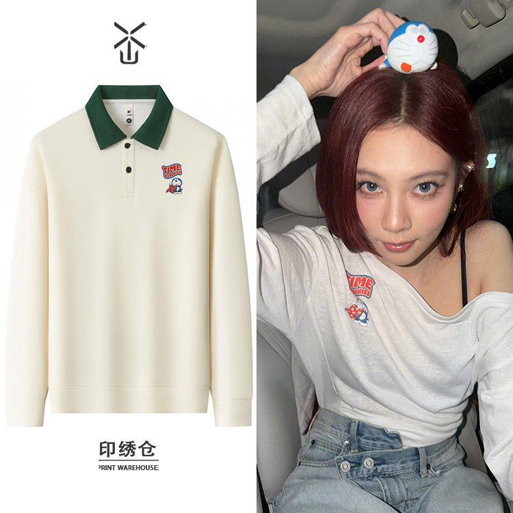 宋妍霏同款俏皮可爱印花拼色长袖POLO衫男女秋季新款翻领束口打底