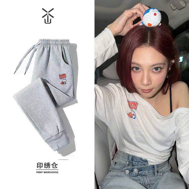 宋妍霏同款俏皮可爱印花束口长裤男女款春秋冬季加厚绒宽松阔腿卫
