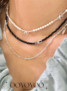 韩版叠戴小众设计蝴蝶结颈链珍珠