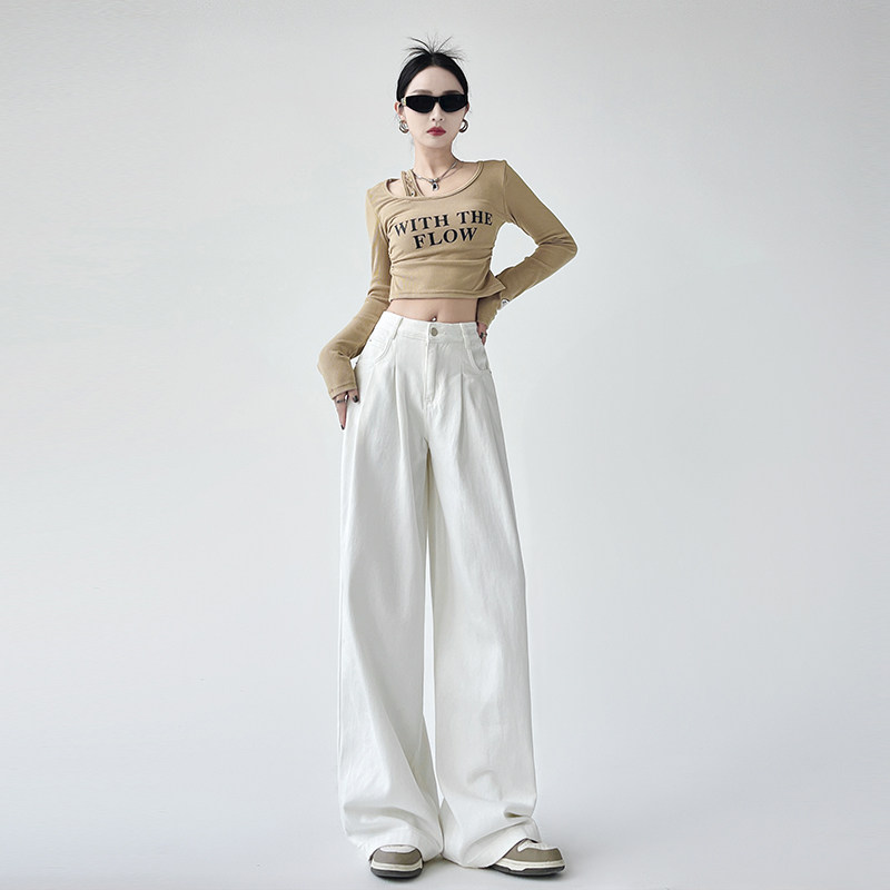 白色阔腿牛仔裤女2025新款高腰褶皱宽松显瘦遮胯垂感拖地直筒裤子