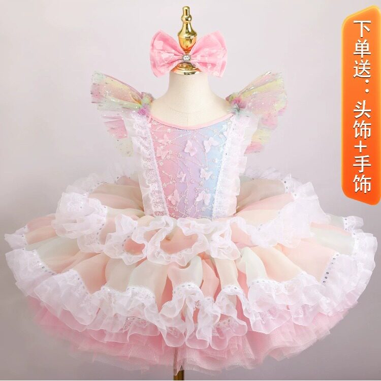 六一新款公主风儿童演出服女童粉色蓬蓬裙亮片蝴蝶结舞蹈表演服装