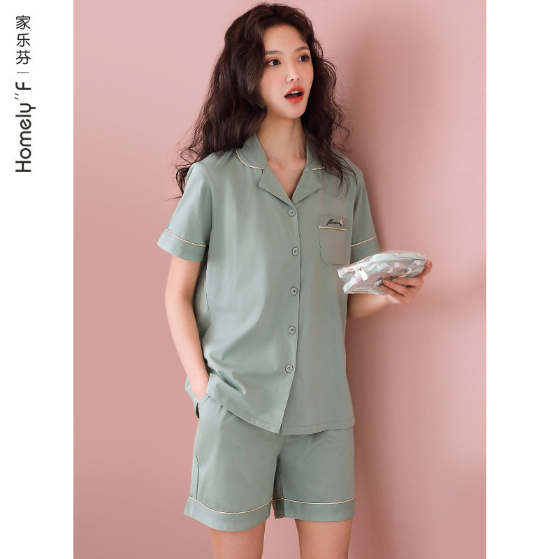 睡衣女士夏季100%纯棉短袖短裤家居服夏天薄款全棉开衫套装