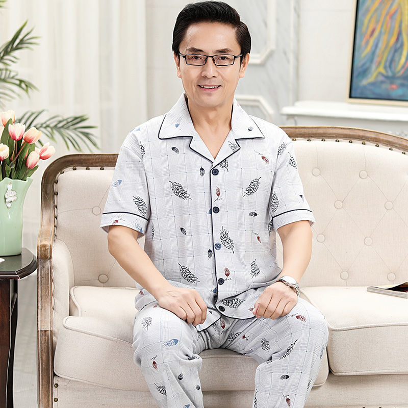 北极绒爸爸睡衣夏季薄款男士100%纯棉两件套中老年人短袖长裤家居