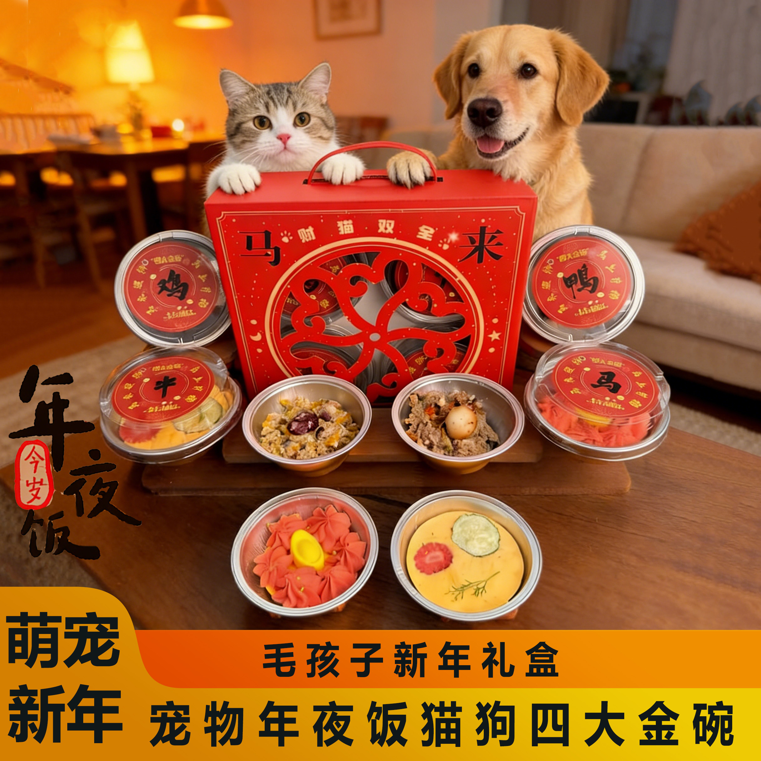 宠物年夜饭猫狗零食四大金碗装鸡鸭马牛冻干鲜食双拼马年吉祥礼盒