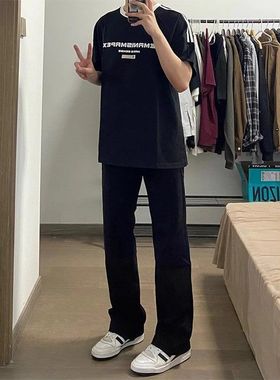 中大童装黑色牛仔裤男款秋冬修身直筒显瘦微喇裤潮流百搭休闲长裤