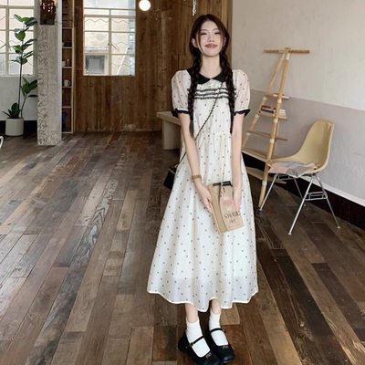 奶甜系减龄蕾丝拼接娃娃领波点少女童连衣裙宽松显瘦泡泡袖中长裙