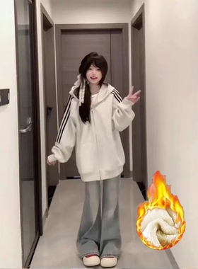 女童装加绒加厚美式微喇牛仔裤冬季新款高腰显瘦拖地不贴腿喇叭裤