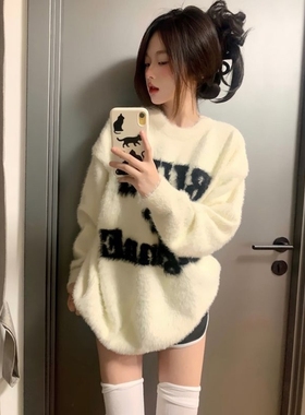 美式字母毛衣中大童学生秋冬新款甜美宽松圆领套头软糯针织衫上衣